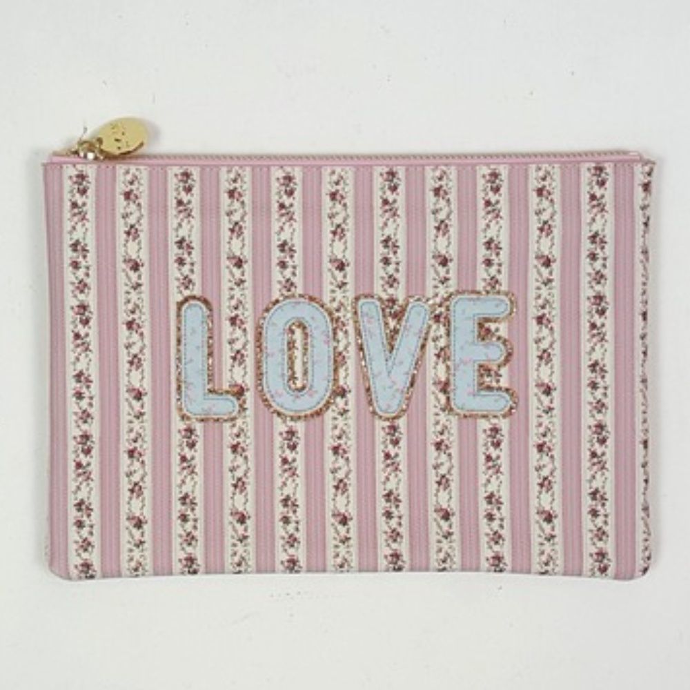 Stoney Clover X Love Shack Fancy Pink Floral Stripe Vegan Leather Pouch Bag